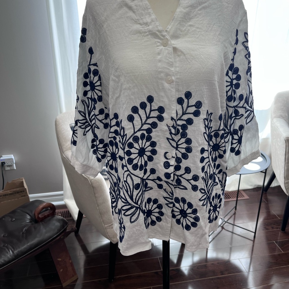 White and Blue Floral Women's Top